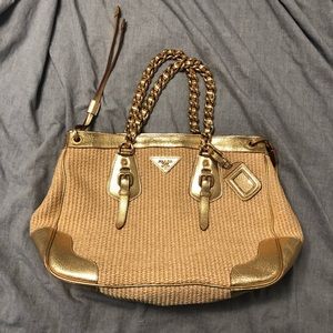 Prada raffia and gold leather tote